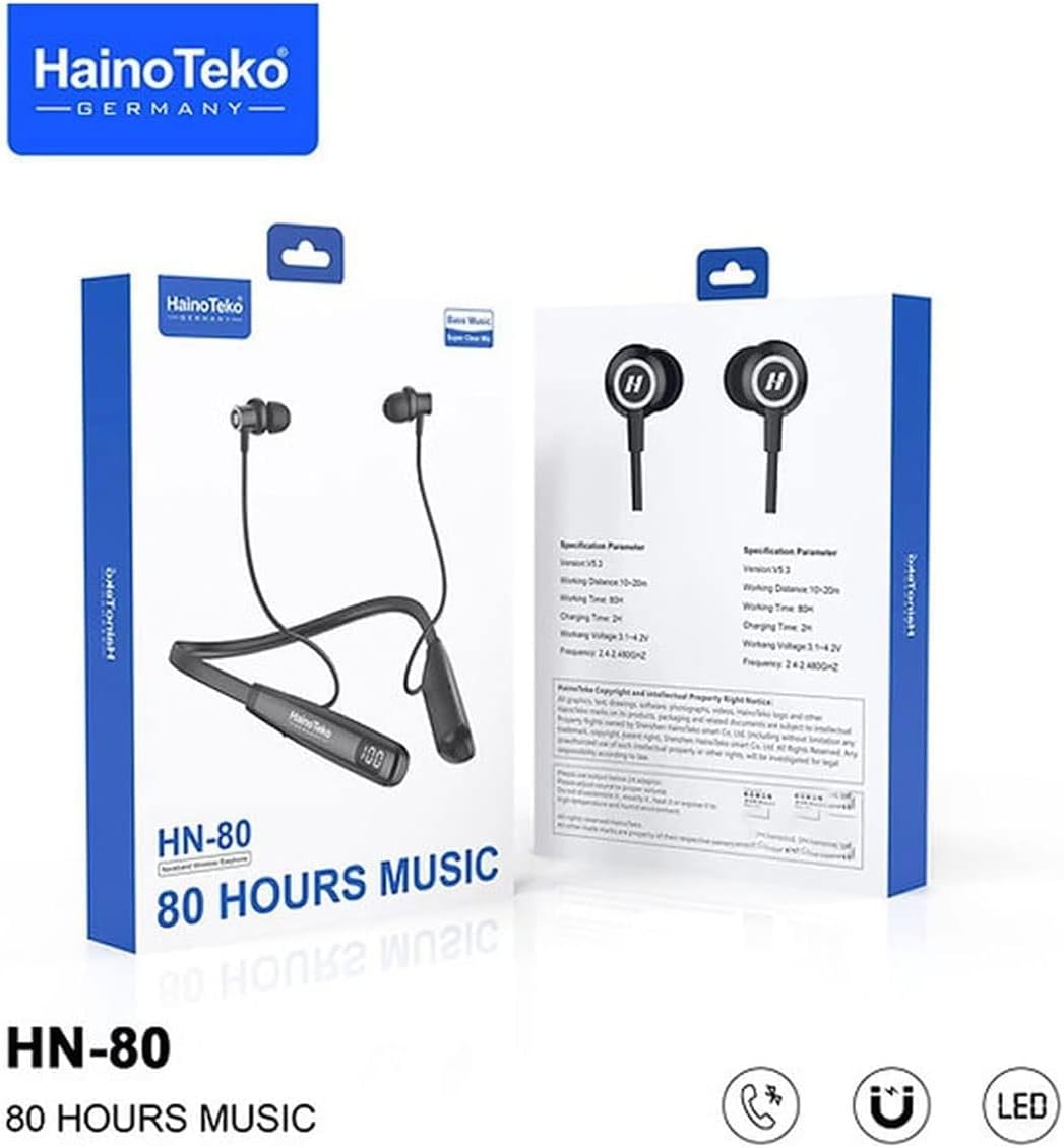 HainoTeko HN-80 Wireless Neckband Bluetooth Earphones with 80 Hours Playtime, Deep Bass, Magnetic Earbuds, LED Display, Fast Charging & HD Mic for Calls Black