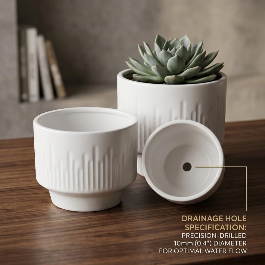 Premium Artisan Ceramic Planter Pots Set of 3 Matte White Stoneware Indoor Flower Pots with Drainage Hole Decorative Plant Pot Combo for Home & Office Décor