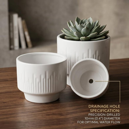 Premium Artisan Ceramic Planter Pots Set of 3 Matte White Stoneware Indoor Flower Pots with Drainage Hole Decorative Plant Pot Combo for Home & Office Décor