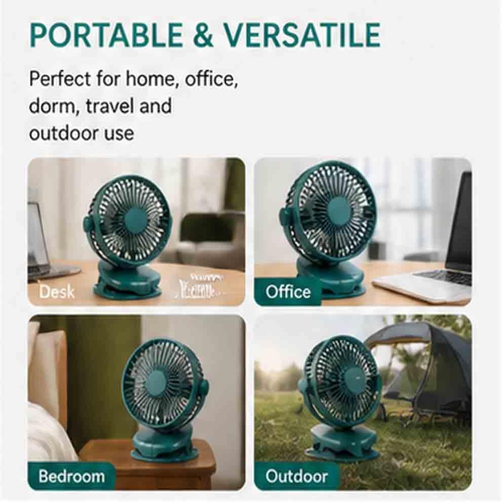 Portable Clip Fan Rechargeable USB Handheld Desk Fan with 3 Speed Modes Adjustable Head, Strong Grip Base, Mini Personal Cooling Fan for Home Office Travel