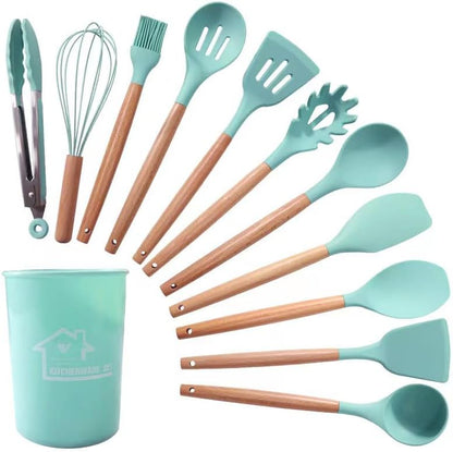 12 Pcs Silicone Cooking Utensils Kitchen Utensil Set - 446°F Heat Resistant,Turner Tongs, Spatula, Spoon, Brush, Whisk, Wooden Handle Gray Kitchen Gadgets with Holder for Nonstick Cookware