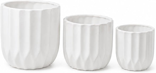 Modern Ceramic Flower Pot Set of 3 Matte White Geometric Planter Pots with Drainage Holes for Indoor Plants, Succulents & Home Decor