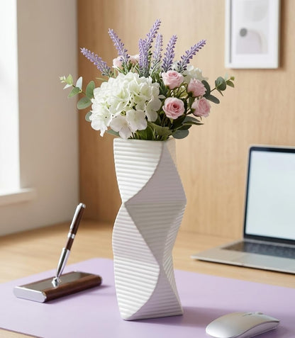 Modern Twisted Triangular Ceramic Vase, Matte White Minimalist Decorative Flower Vase for Home, Office, Living Room & Table Decor White