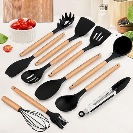 12 Pcs Silicone Cooking Utensils Kitchen Utensil Set - 446°F Heat Resistant,Turner Tongs, Spatula, Spoon, Brush, Whisk, Wooden Handle Gray Kitchen Gadgets with Holder for Nonstick Cookware