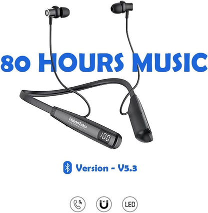 HainoTeko HN-80 Wireless Neckband Bluetooth Earphones with 80 Hours Playtime, Deep Bass, Magnetic Earbuds, LED Display, Fast Charging & HD Mic for Calls Black