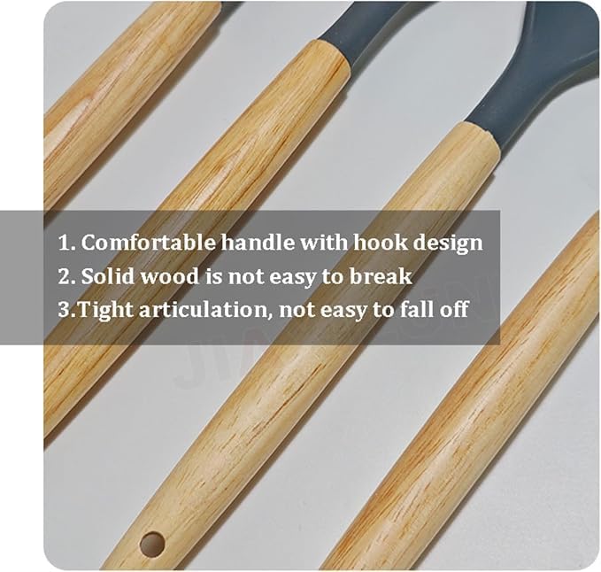 12 Pcs Silicone Cooking Utensils Kitchen Utensil Set - 446°F Heat Resistant,Turner Tongs, Spatula, Spoon, Brush, Whisk, Wooden Handle Gray Kitchen Gadgets with Holder for Nonstick Cookware