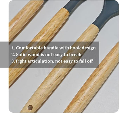 12 Pcs Silicone Cooking Utensils Kitchen Utensil Set - 446°F Heat Resistant,Turner Tongs, Spatula, Spoon, Brush, Whisk, Wooden Handle Gray Kitchen Gadgets with Holder for Nonstick Cookware
