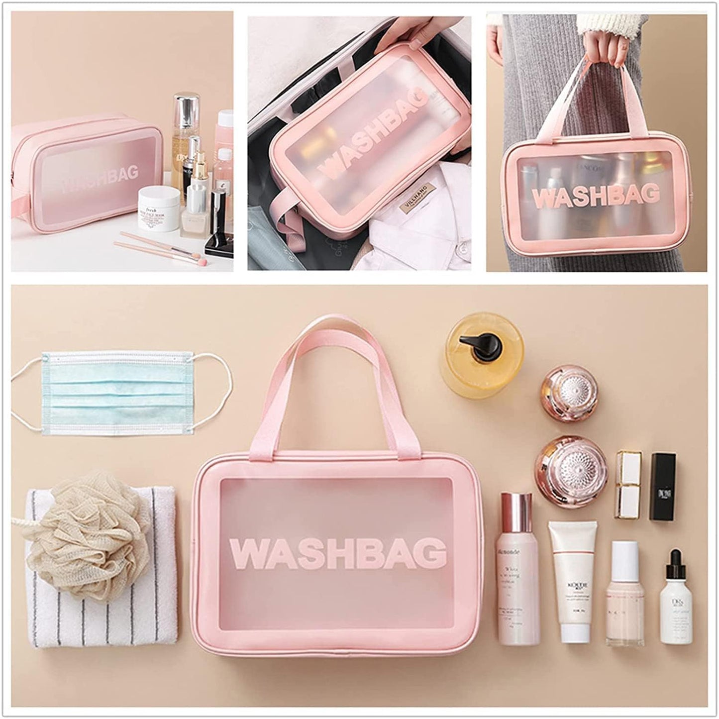 Set of 3 Waterproof Travel Wash Bags with Transparent Window Zipper Closure & Carry Handle – Portable Cosmetic, Toiletry & Makeup Organizer Set for Travel, Bathroom & Daily Use