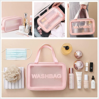 Set of 3 Waterproof Travel Wash Bags with Transparent Window Zipper Closure & Carry Handle – Portable Cosmetic, Toiletry & Makeup Organizer Set for Travel, Bathroom & Daily Use