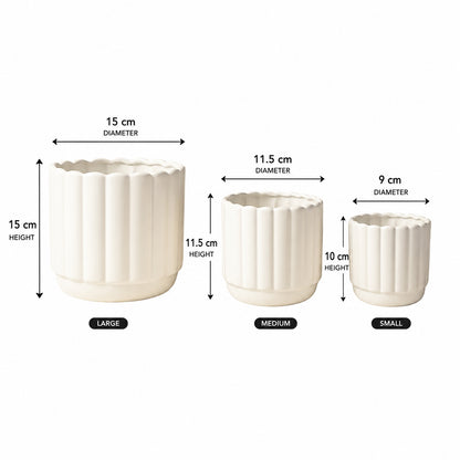 Set of 3 Decorative Fluted Plant Pots with Drainage Tray Modern Round Flower Pots for Indoor & Outdoor Plants,Home, Balcony, Patio & Office Decor White