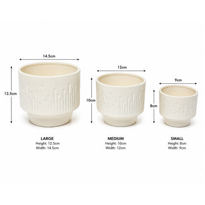 3-Piece Ceramic Flower Pot Set with Textured Design Decorative Indoor & Outdoor Planters for Succulents, Cactus, Herbs & Small Plants White