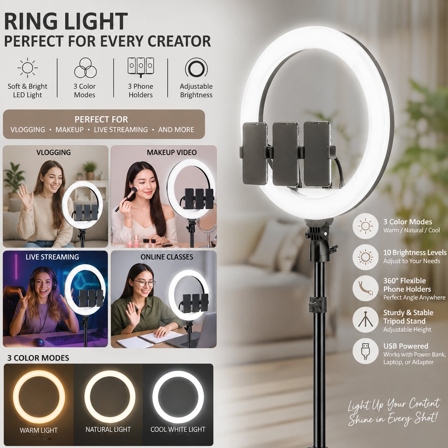 21-Inch LED Ring Light with Tripod Stand, 3 Phone Holders & Remote Control – Dimmable Ring Light for Live Streaming, Video Recording, Photography, Makeup & Content Creation