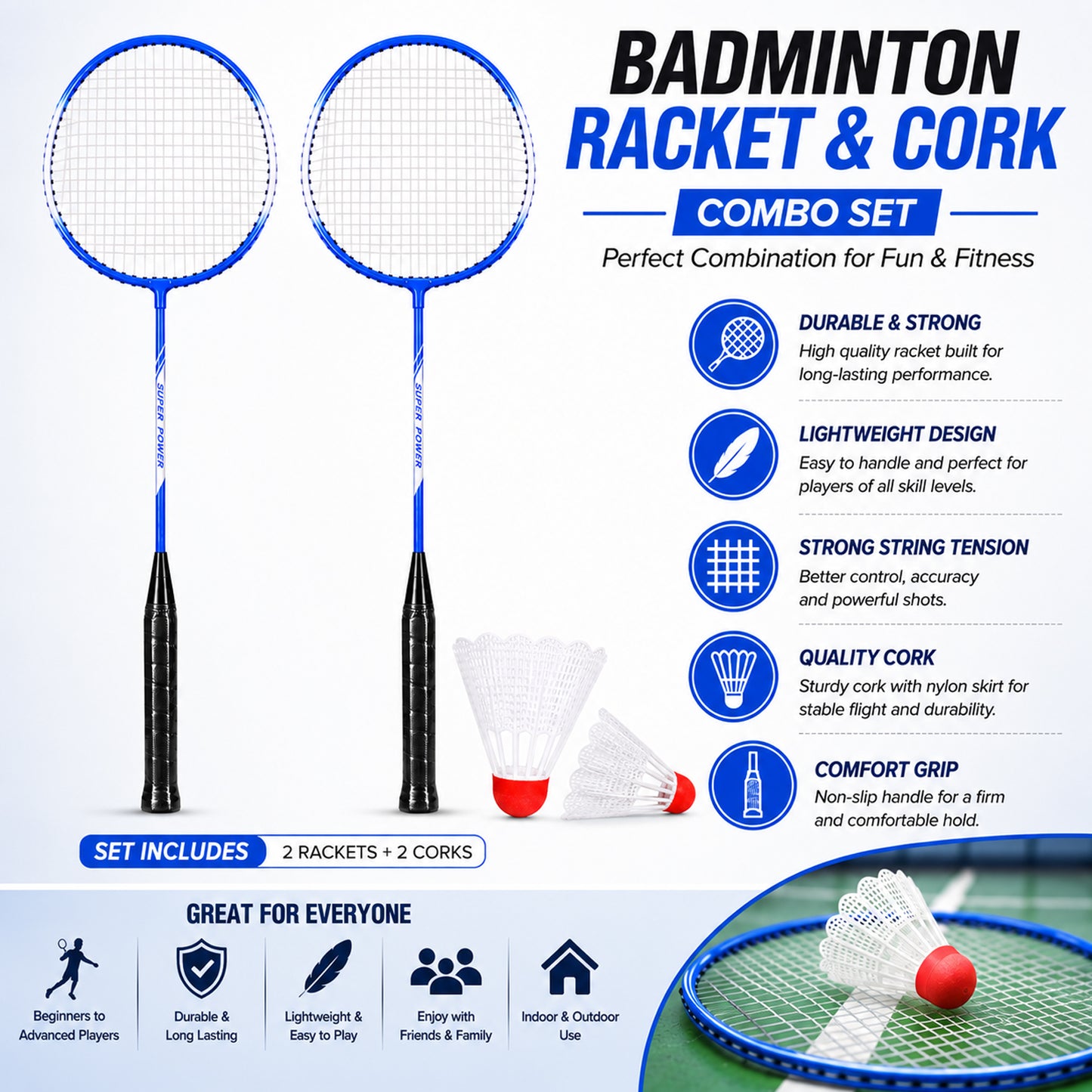 Badminton Racket & Shuttlecock Combo Set – 2 Lightweight Durable Steel Badminton Rackets with 2 Nylon Shuttlecocks, Non-Slip Grip, Pre-Strung Racquets for Indoor & Outdoor Sports