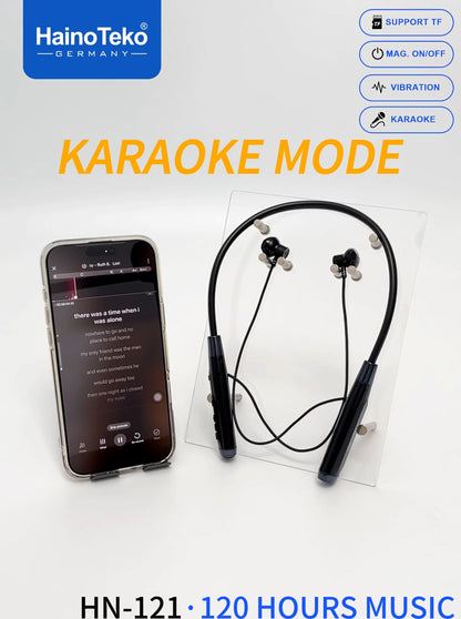 HainoTeko HN-121 Neckband Wireless Earphones 120 Hours Music Playback with Magnetic Power On/Off TF Card Support Vibration Alert and Karaoke Mode Black