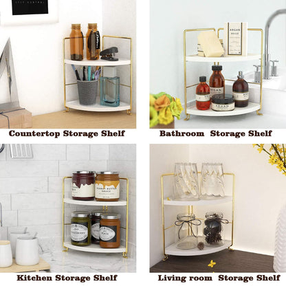 2-Tier Corner Countertop Storage Shelf Organizer with Metal Frame Stackable Multi-Purpose Corner Rack for Kitchen, Bathroom, Living Room & Office