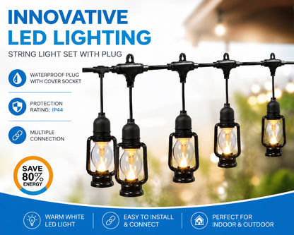 Outdoor LED Lantern String Lights with Plug – Waterproof Decorative Hanging Light Set for Garden, Patio, Balcony, Wedding, Party & Cafe Decoration