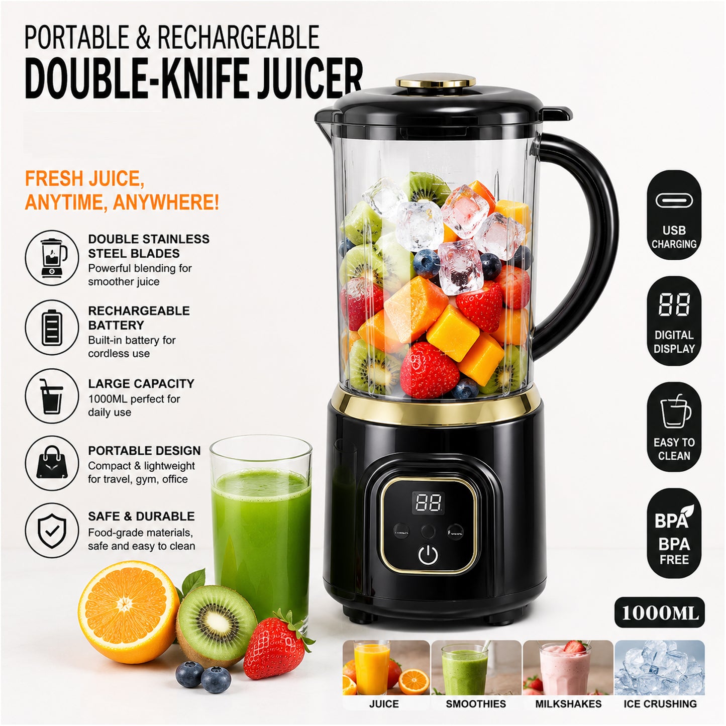 Portable Rechargeable Double-Knife Blender Juicer with Stainless Steel Blades, 1000ml Large Capacity Smoothie Maker, USB Charging Multipurpose Fruit and Ice Crusher Black