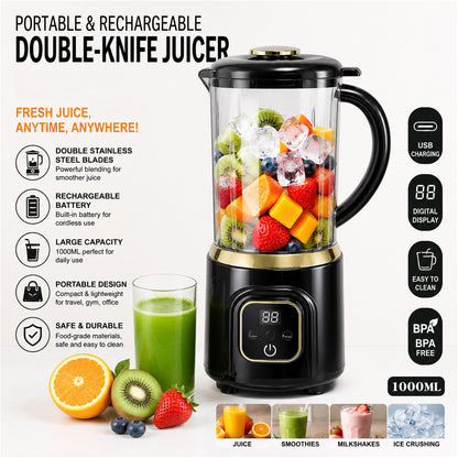 Portable Rechargeable Double-Knife Blender Juicer with Stainless Steel Blades, 1000ml Large Capacity Smoothie Maker, USB Charging Multipurpose Fruit and Ice Crusher Black