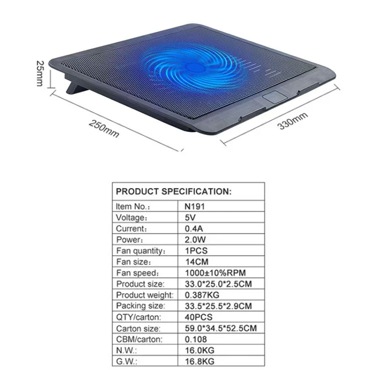 N191 USB Powered Portable Laptop Cooling Pad with Adjustable Stand, Silent 14CM Fan, Slim Lightweight Notebook Cooler for Up to 17 Inch Laptops