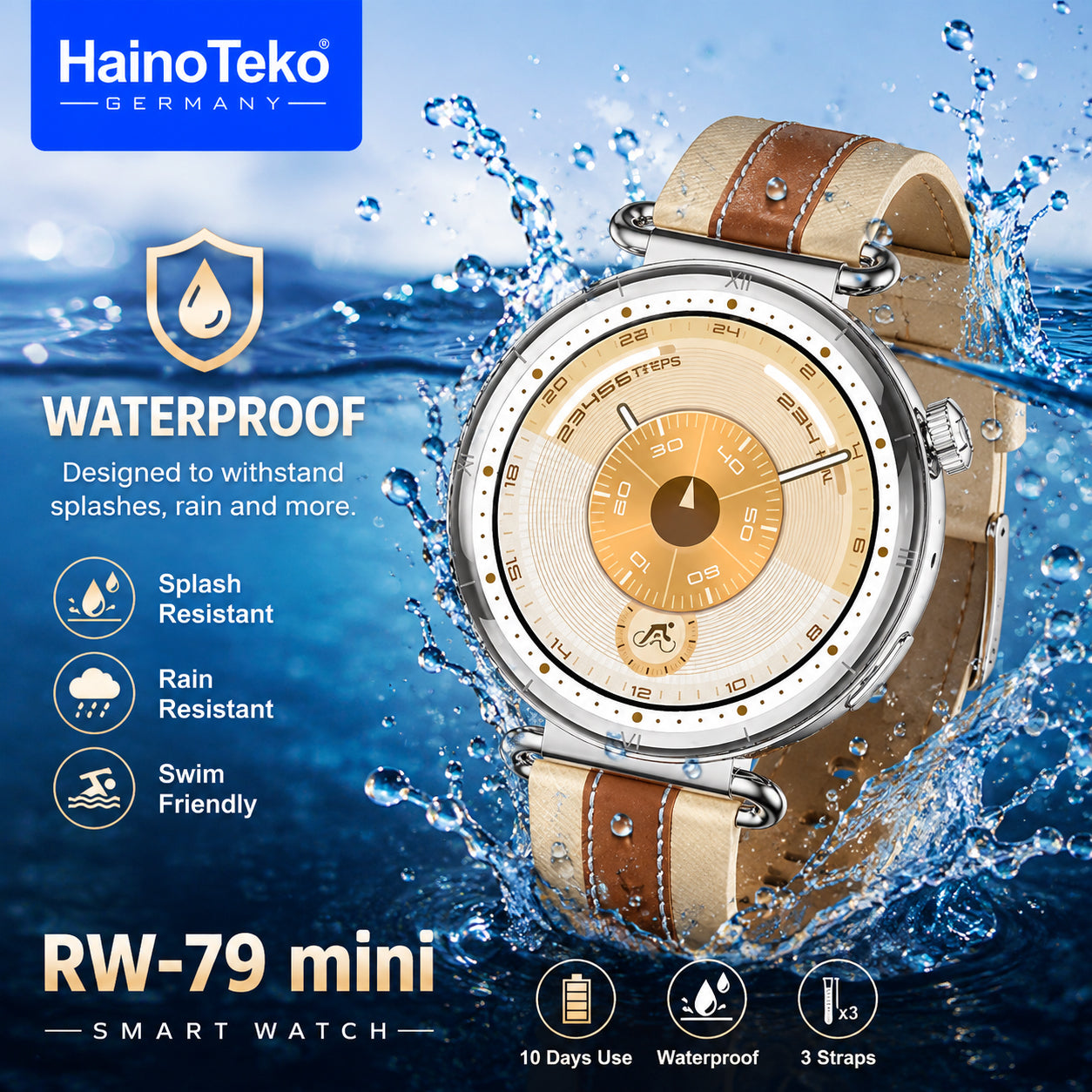 HainoTeko RW-79 Mini Waterproof Smart Watch with AMOLED Display Bluetooth Call 3 Interchangeable Straps and Charging Cable Designed for Ladies