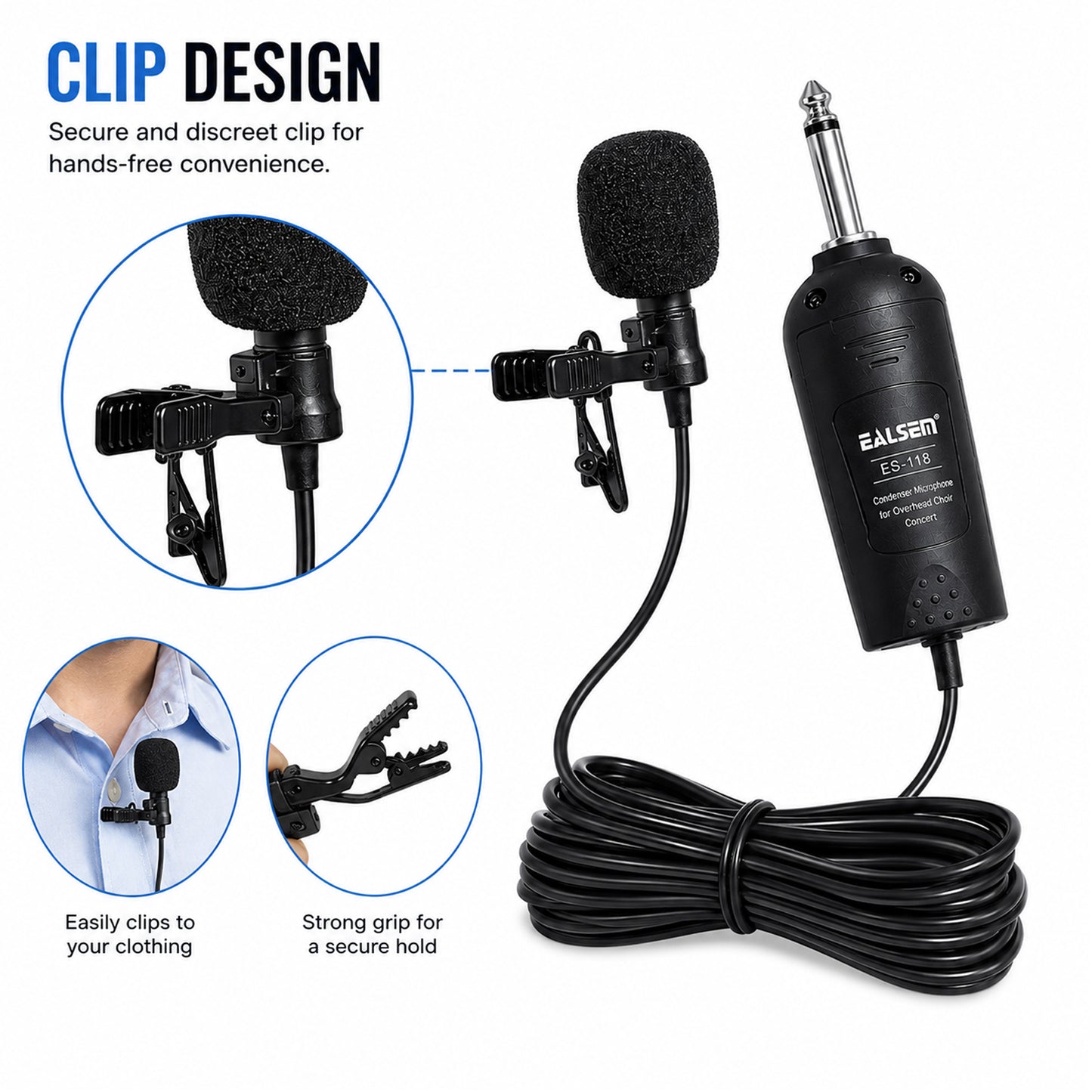 EALSEM ES-118 Wired Tie Clip Condenser Microphone with 10M Cable, 6.35mm Jack, Plug & Play Lapel Mic for Amplifiers, PA Systems, Presentations, Teaching, Conferences & Live Performances Black