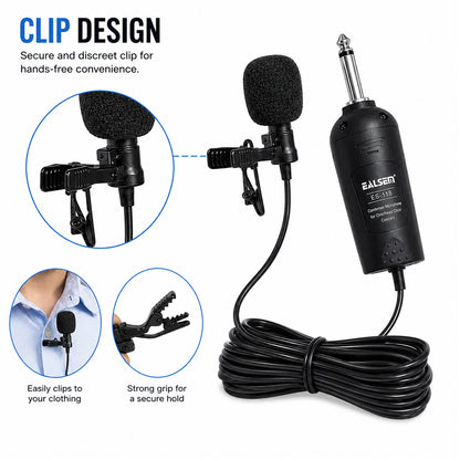 EALSEM ES-118 Wired Tie Clip Condenser Microphone with 10M Cable, 6.35mm Jack, Plug & Play Lapel Mic for Amplifiers, PA Systems, Presentations, Teaching, Conferences & Live Performances Black
