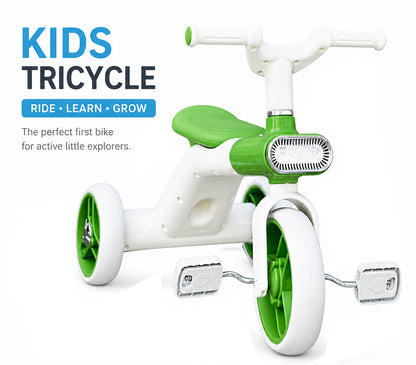 Kids Tricycle Pedal-Powered Ride-On Trike with Built-in Light & Music Headlight EVA Silent Wheels, Anti-Slip Pedals, Comfortable Seat, Durable Frame Indoor & Outdoor First Bicycle for Boys and Girls