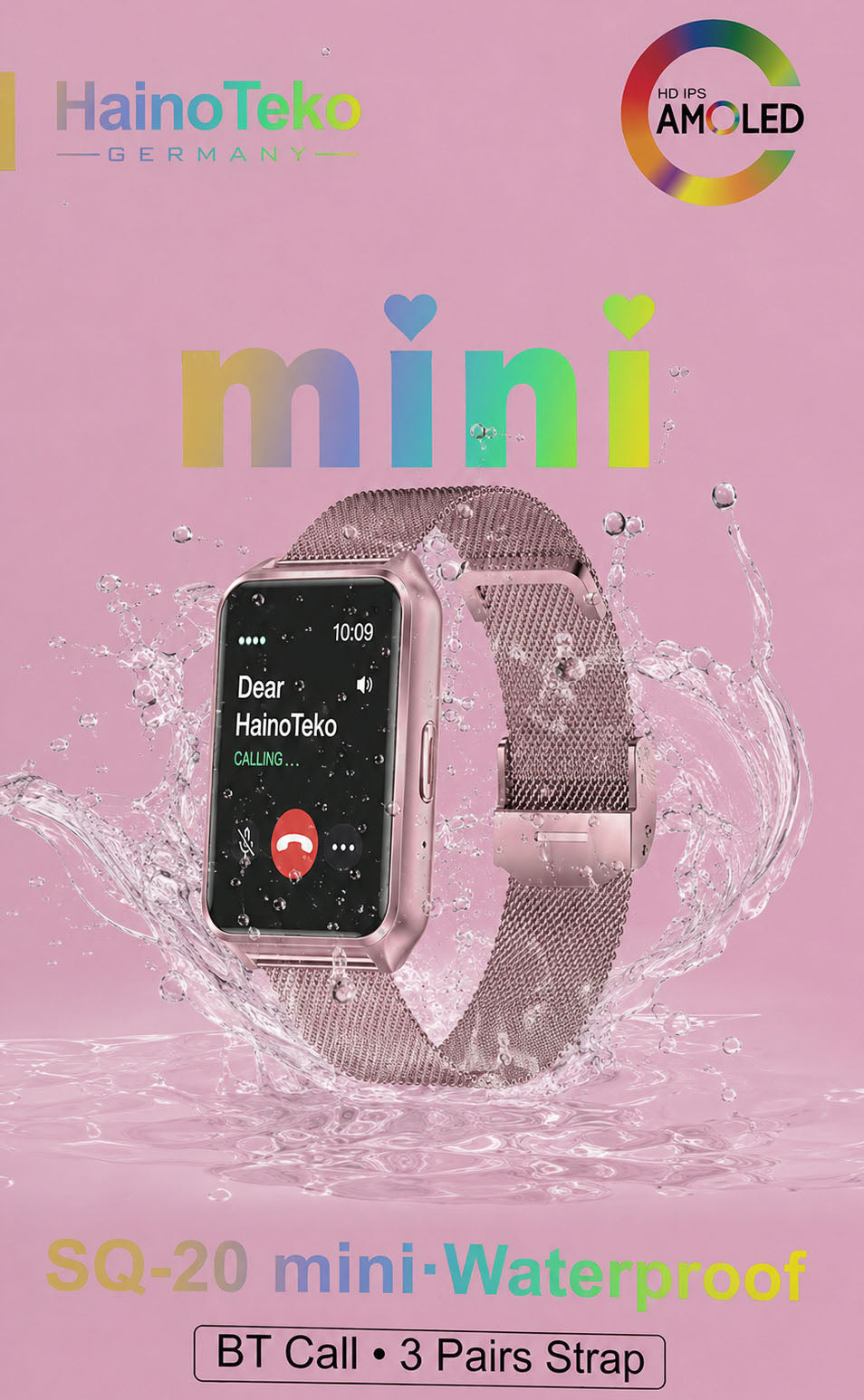 HainoTeko SQ-20 Mini Waterproof Design Smart Watch with AMOLED Display Bluetooth Calling Heart Rate & Fitness Tracking 3 Pair Straps and Charging Cable Designed for Ladies and Gents