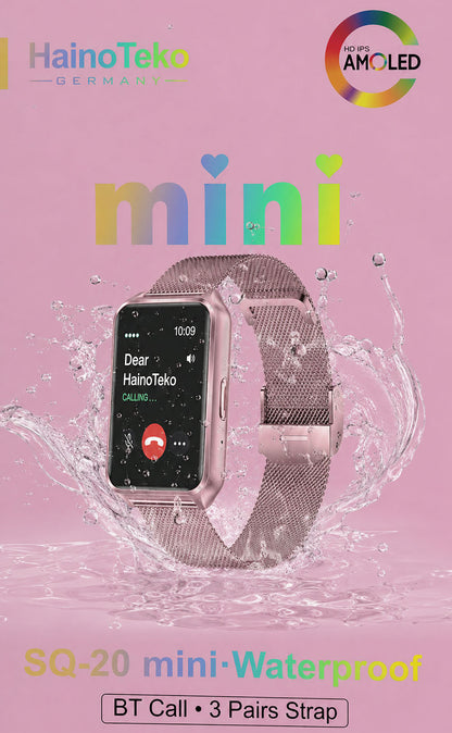 HainoTeko SQ-20 Mini Waterproof Design Smart Watch with AMOLED Display Bluetooth Calling Heart Rate & Fitness Tracking 3 Pair Straps and Charging Cable Designed for Ladies and Gents