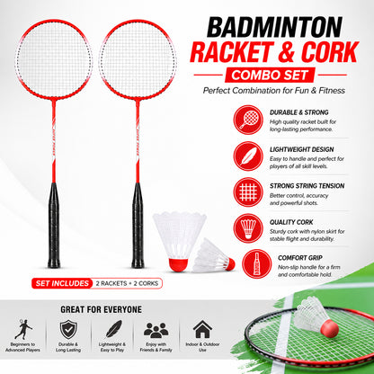 Badminton Racket & Shuttlecock Combo Set – 2 Lightweight Durable Steel Badminton Rackets with 2 Nylon Shuttlecocks, Non-Slip Grip, Pre-Strung Racquets for Indoor & Outdoor Sports