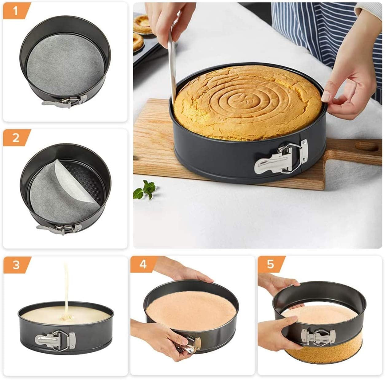 3-Piece Non-Stick Springform Cake Baking Pan Set Round, Heart & Square Shapes with Quick-Release Latch, Carbon Steel Bakeware Mould Set