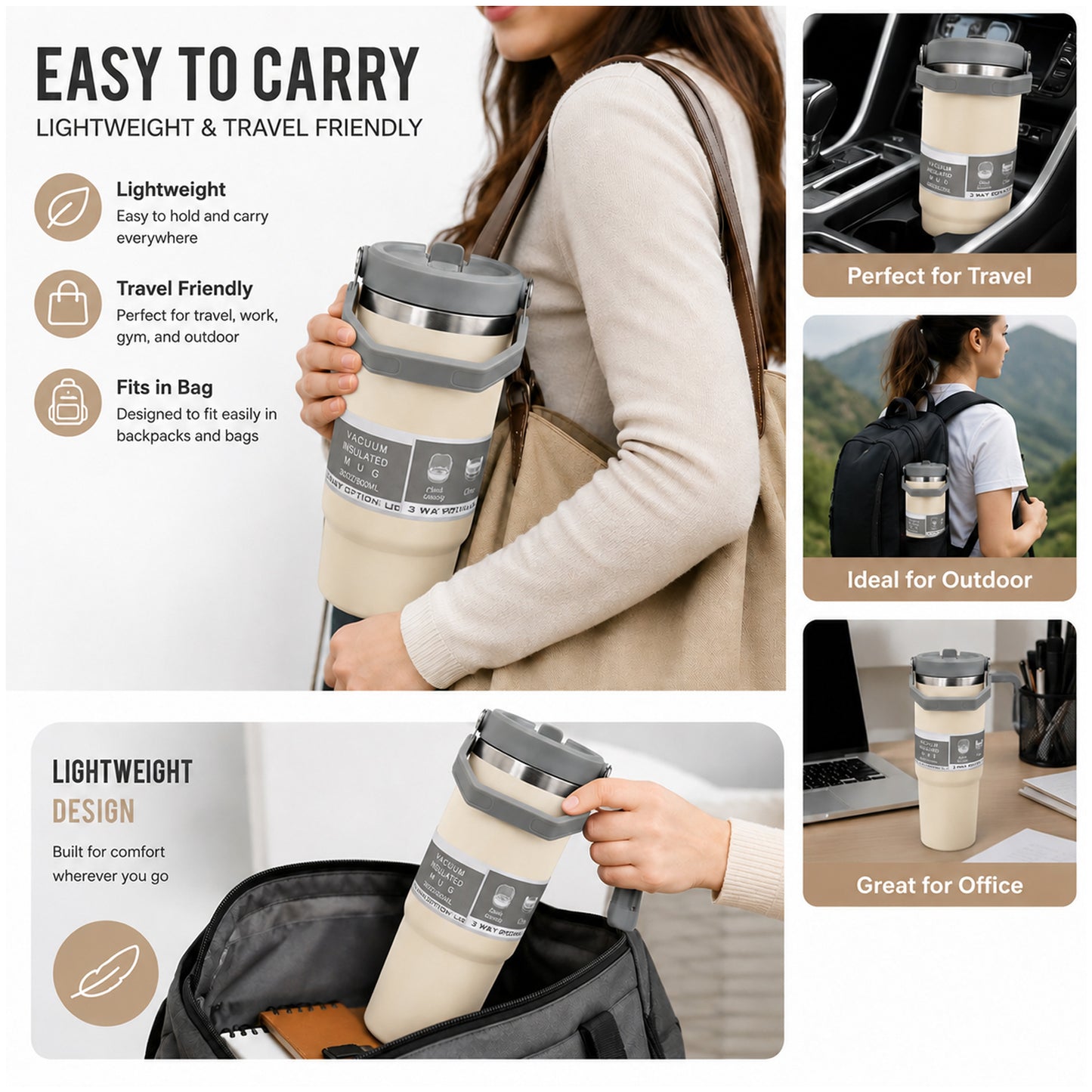 900ML Vacuum Insulated Stainless Steel Travel Mug with Handle & Reusable Straw, Double Wall Thermal Tumbler with 3-Way Leak-Resistant Lid, BPA-Free Cup Holder Friendly for Hot & Cold Drinks