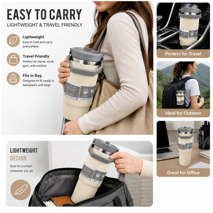 900ML Vacuum Insulated Stainless Steel Travel Mug with Handle & Reusable Straw, Double Wall Thermal Tumbler with 3-Way Leak-Resistant Lid, BPA-Free Cup Holder Friendly for Hot & Cold Drinks