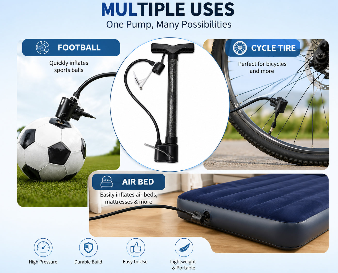 Portable Hand Air Pump with 3 Nozzle Attachments, Manual Air Inflator Pump for Bicycle Tires Sports Balls, Pool Floats, Air Cushions, Inflatable Toys & Outdoor Accessories