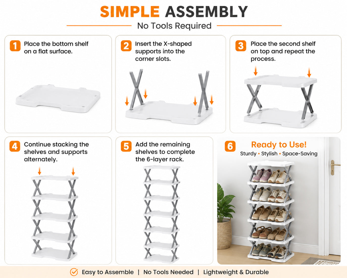 6-Tier Shoe Rack Storage Organizer with Sturdy X-Frame Support Premium PP Shelves, Space-Saving Multi-Layer Shoe Stand for Entryway, Bedroom, Closet & Living Room