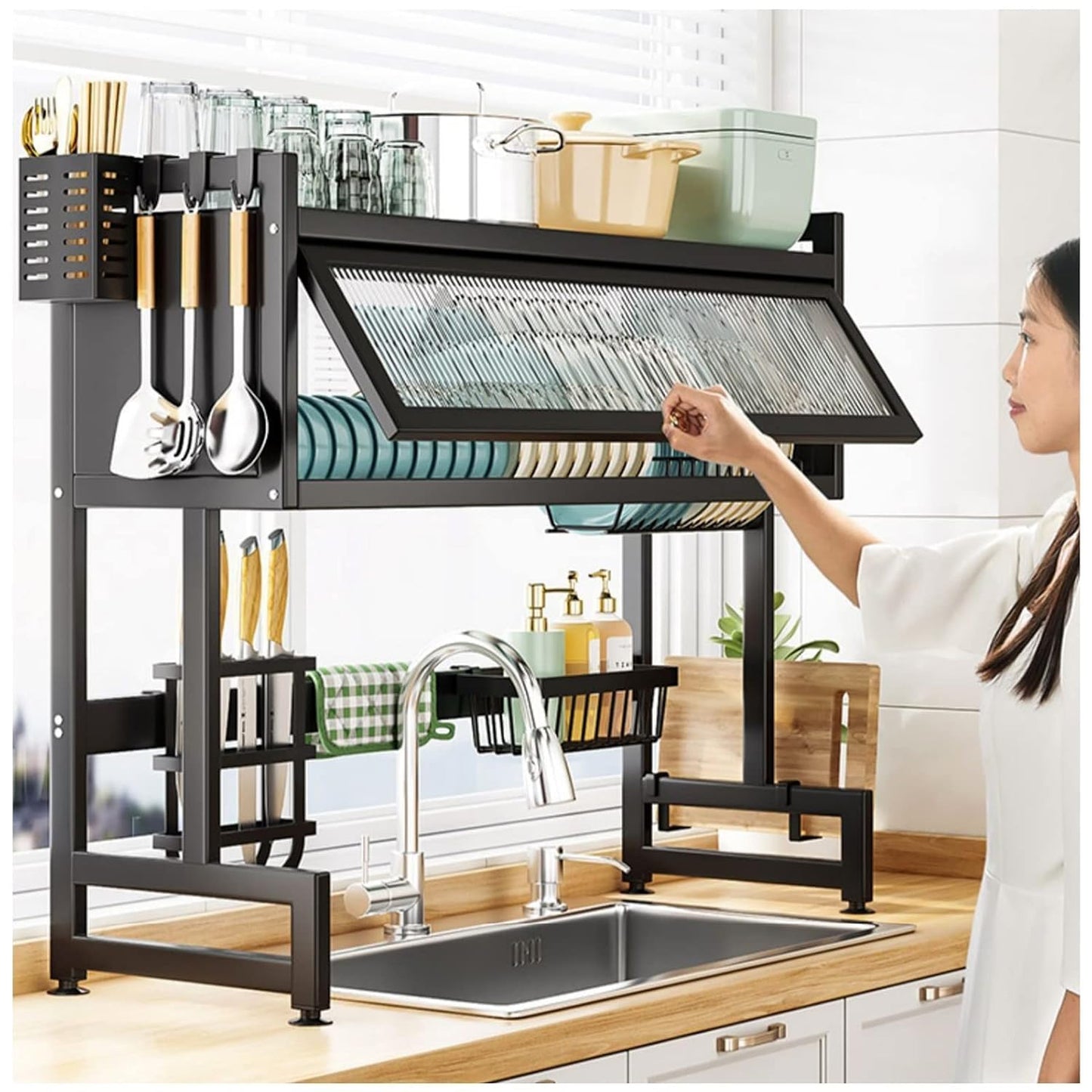 Multifunctional Kitchen Organizer Rack Over-Sink Kitchen Dish Drying Rack with Dustproof Sliding Cover,Utensil Holder, Knife Holder, Cutting Board Rack, Hooks & Drainage Shelf – Black