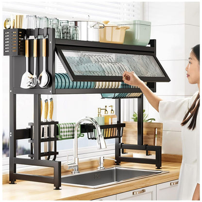 Multifunctional Kitchen Organizer Rack Over-Sink Kitchen Dish Drying Rack with Dustproof Sliding Cover,Utensil Holder, Knife Holder, Cutting Board Rack, Hooks & Drainage Shelf – Black