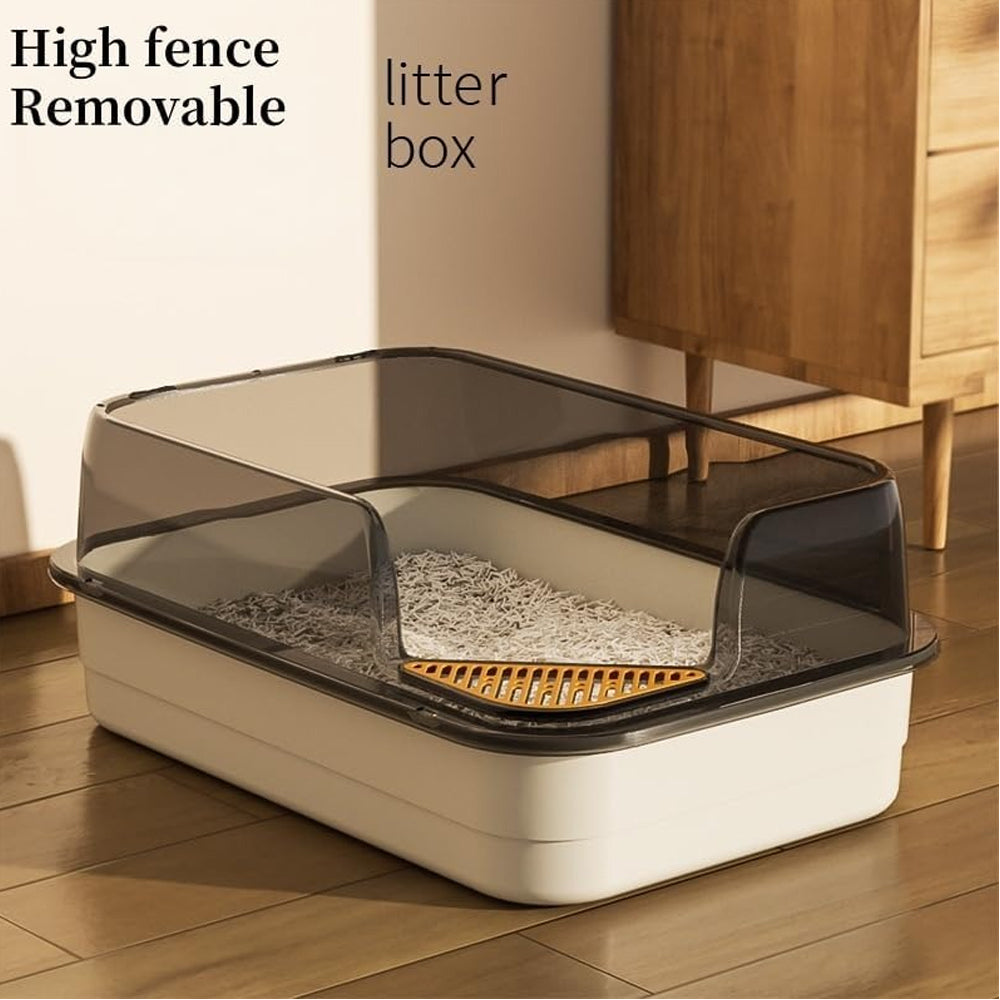 Semi-Enclosed Large Cat Litter Box with High Walls & Anti-Tracking Pedal Spacious Open Top Kitty Toilet Tray with Scoop for Multi-Cat Homes