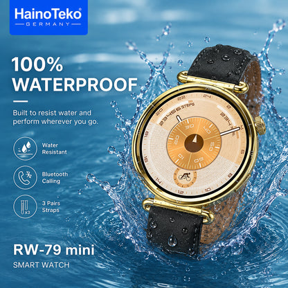 HainoTeko RW-79 Mini Waterproof Smart Watch with AMOLED Display Bluetooth Call 3 Interchangeable Straps and Charging Cable Designed for Ladies