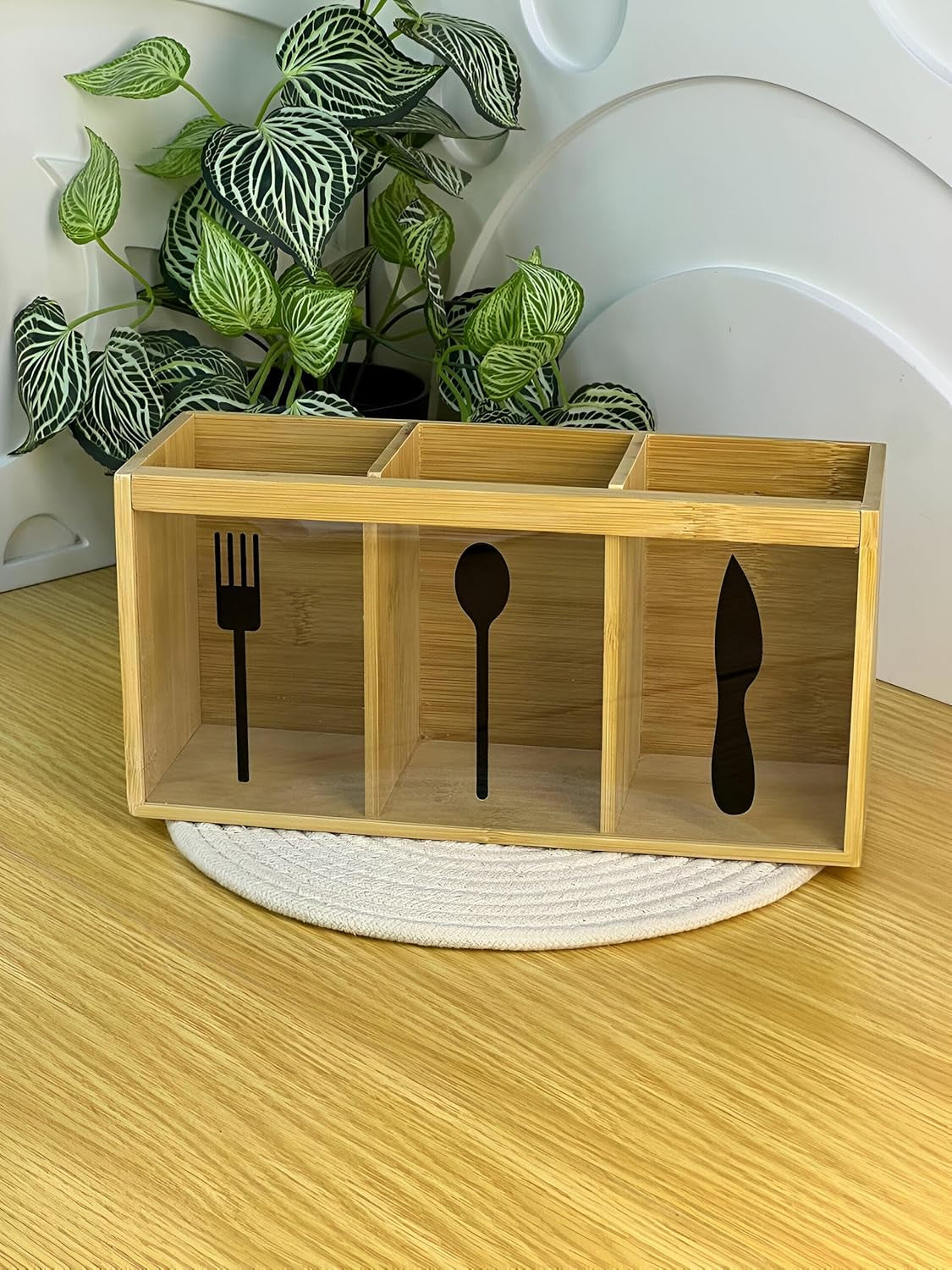 Natural Bamboo Cutlery Organizer with 3 Compartments Multipurpose Countertop Utensil Holder for Spoons, Forks, Knives, Kitchen Tools, Office Supplies & Dining Table Storage
