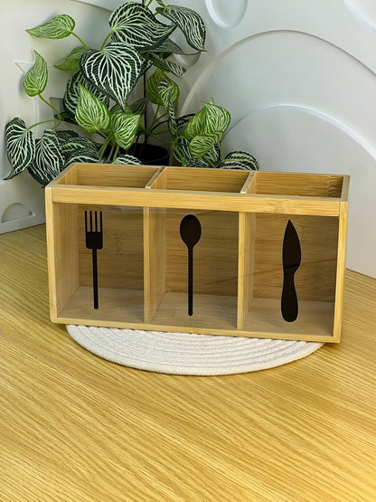 Natural Bamboo Cutlery Organizer with 3 Compartments Multipurpose Countertop Utensil Holder for Spoons, Forks, Knives, Kitchen Tools, Office Supplies & Dining Table Storage