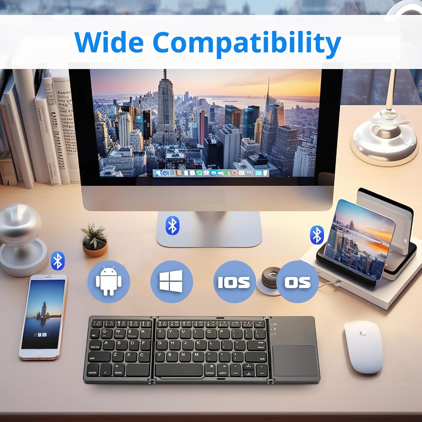 Foldable Bluetooth Keyboard with Touchpad, Portable Tri-Fold Wireless Keyboard, Rechargeable Compact Keyboard for Windows, Android, iOS, Tablets, Smartphones & Laptops