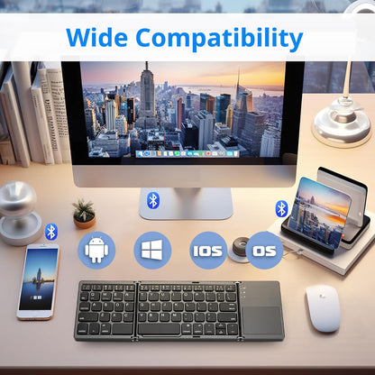 Foldable Bluetooth Keyboard with Touchpad, Portable Tri-Fold Wireless Keyboard, Rechargeable Compact Keyboard for Windows, Android, iOS, Tablets, Smartphones & Laptops