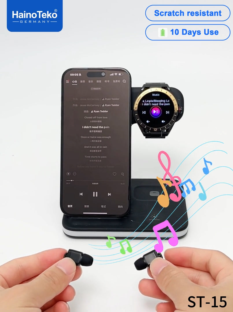 HainoTeko ST-15 Watch Buds Smartwatch with Built-in Earbuds Bluetooth Calling, AMOLED Display, 10-Day Battery Life, Health Monitoring and 3 Pair Straps Designed for Men