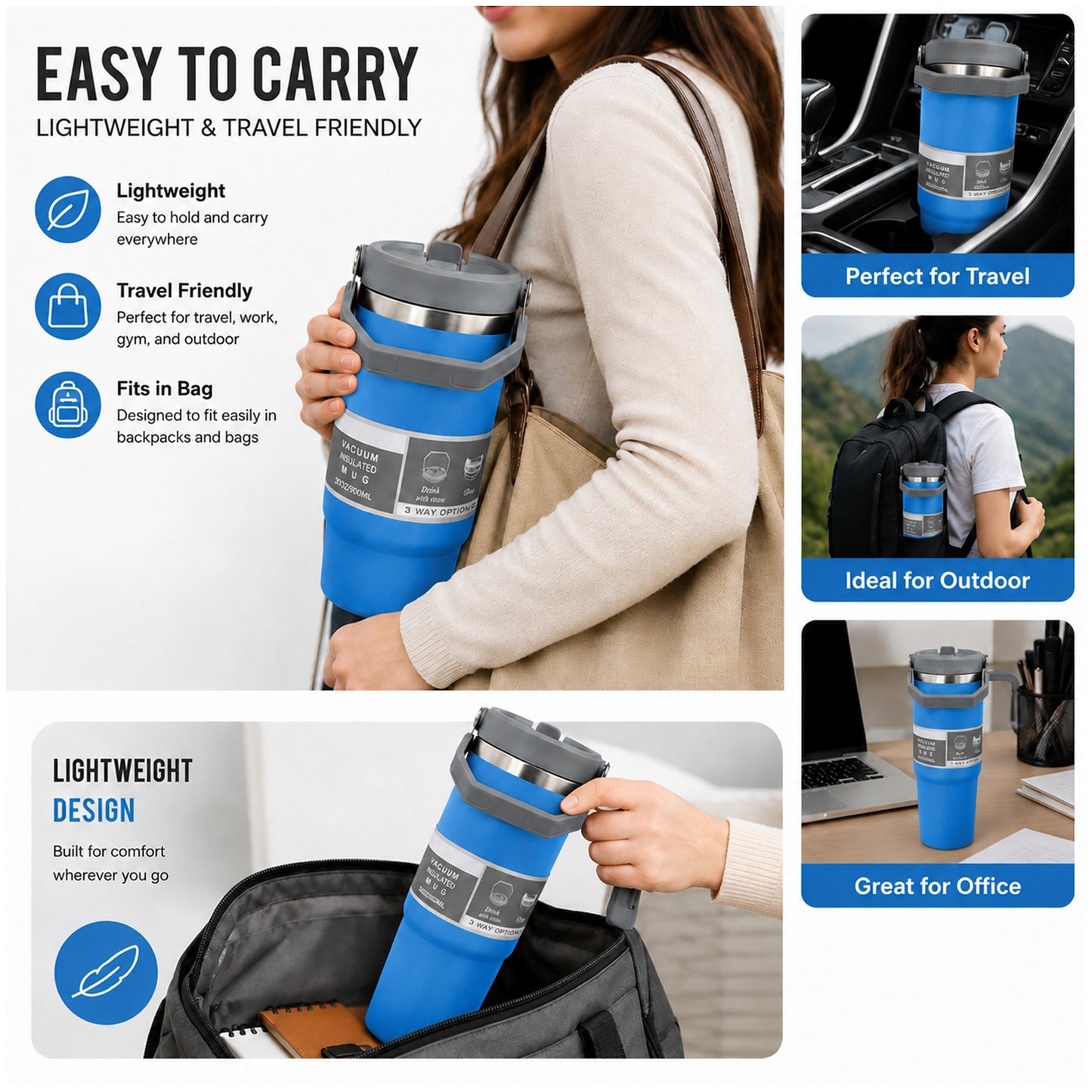 900ML Vacuum Insulated Stainless Steel Travel Mug with Handle & Reusable Straw, Double Wall Thermal Tumbler with 3-Way Leak-Resistant Lid, BPA-Free Cup Holder Friendly for Hot & Cold Drinks