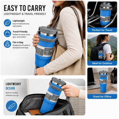900ML Vacuum Insulated Stainless Steel Travel Mug with Handle & Reusable Straw, Double Wall Thermal Tumbler with 3-Way Leak-Resistant Lid, BPA-Free Cup Holder Friendly for Hot & Cold Drinks