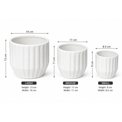 Decorative Ceramic Plant Pots Set of 3 for Indoor & Outdoor Plants – Modern Ribbed Flower Planters, White Ceramic Pots for Home, Office, Balcony, Garden & Living Room Décor