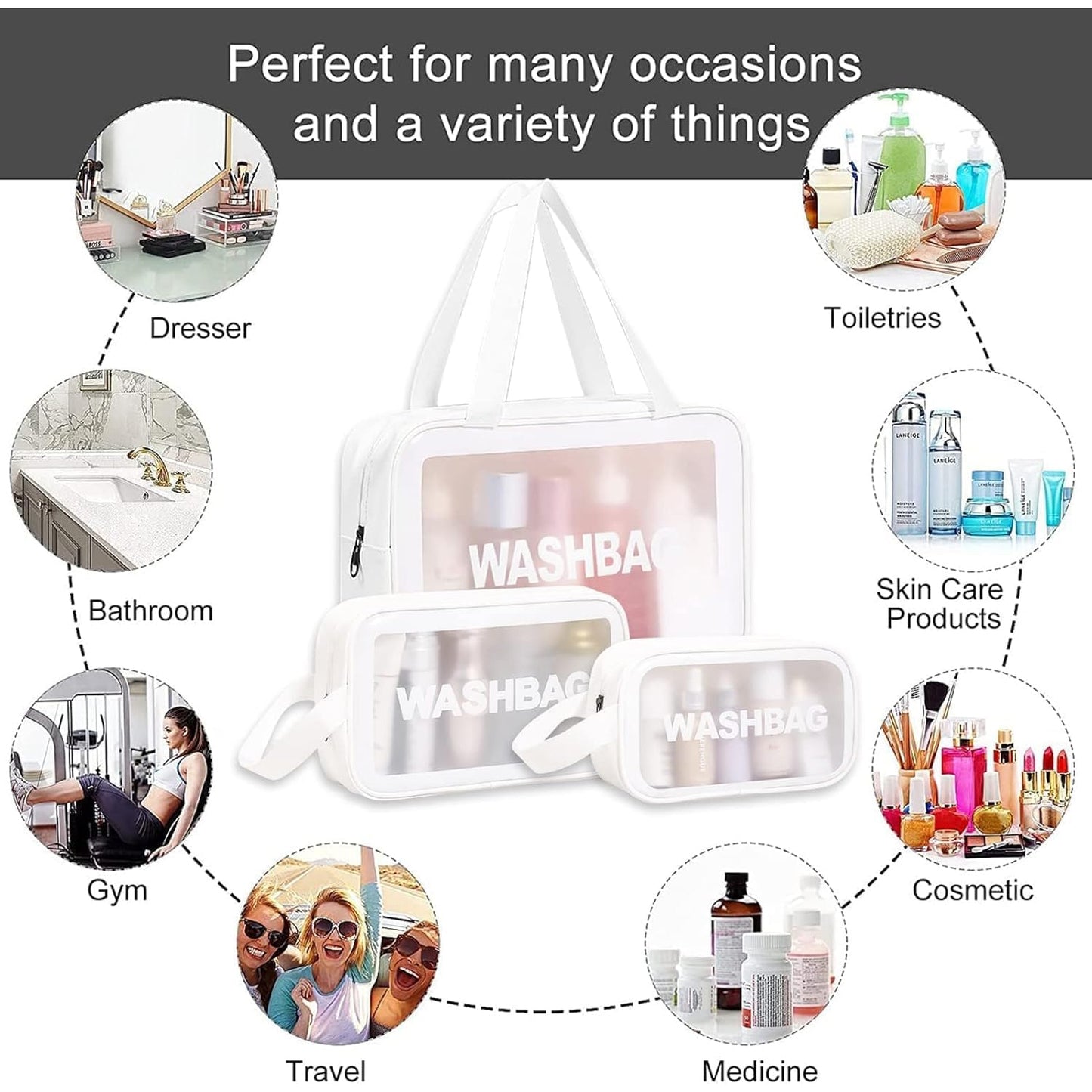 Set of 3 Waterproof Travel Wash Bags with Transparent Window Zipper Closure & Carry Handle – Portable Cosmetic, Toiletry & Makeup Organizer Set for Travel, Bathroom & Daily Use