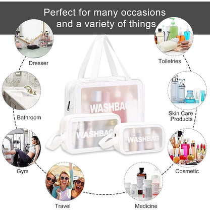 Set of 3 Waterproof Travel Wash Bags with Transparent Window Zipper Closure & Carry Handle – Portable Cosmetic, Toiletry & Makeup Organizer Set for Travel, Bathroom & Daily Use