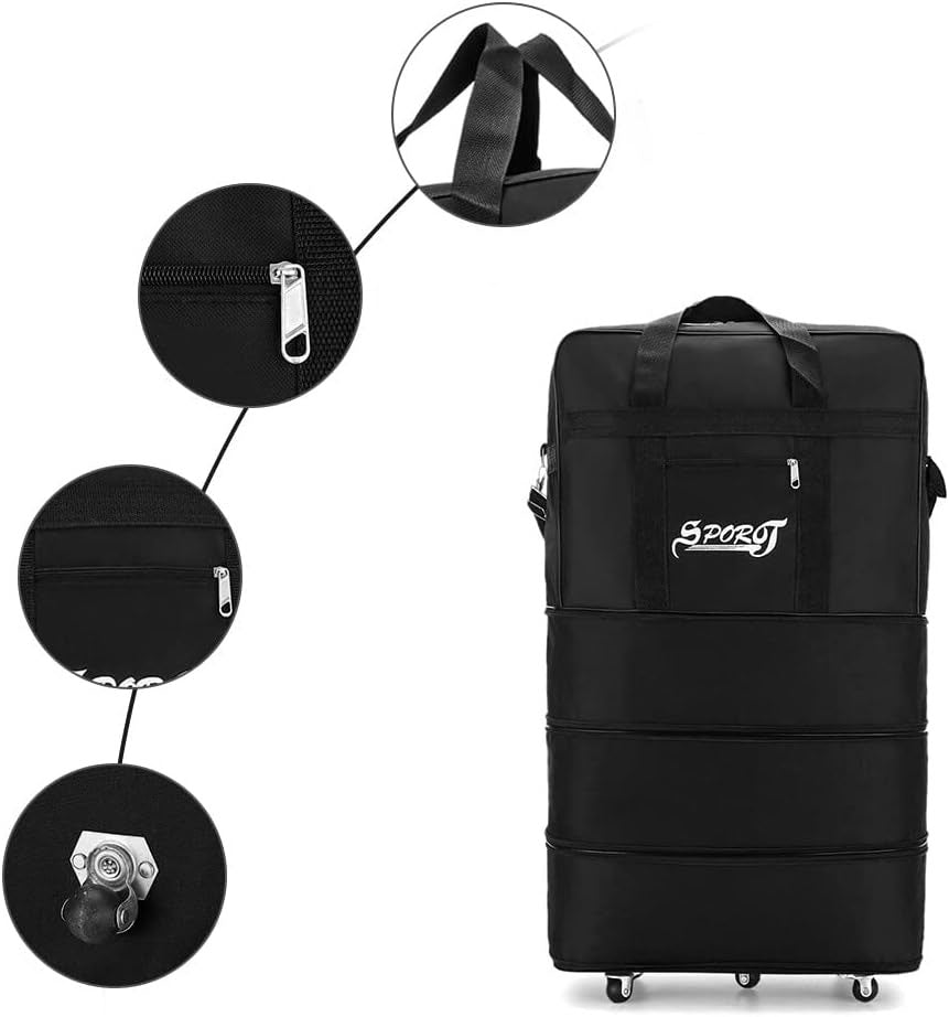 Travel Moving Trolley Luggage Foldable Bag with Wheels, Waterproof Zipper, Extendable Duffel Organiser, Lightweight